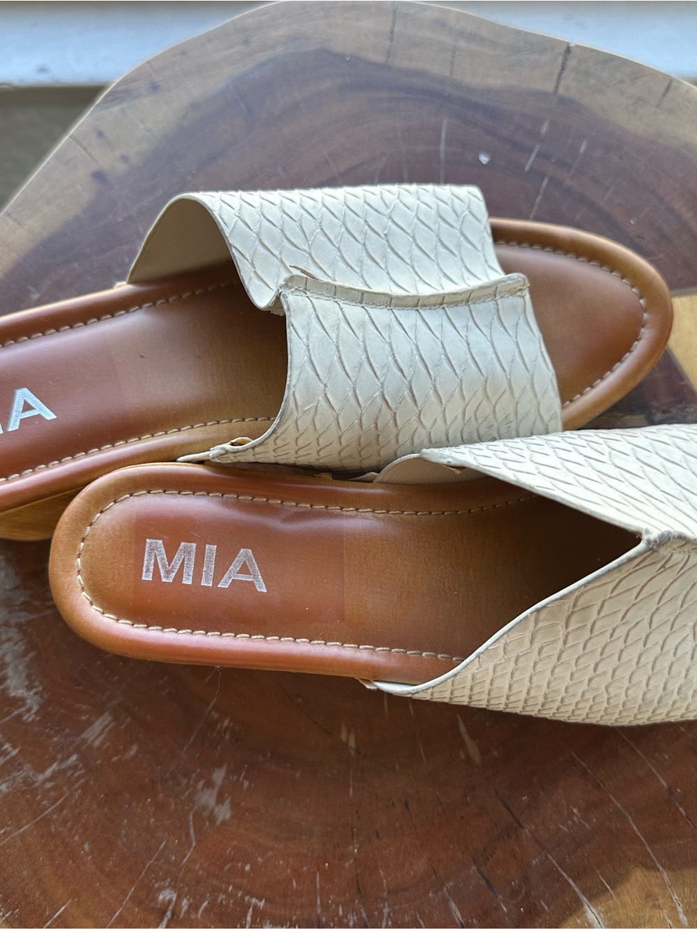 MIA Cream Textured Slide Mules with Brown Footbed